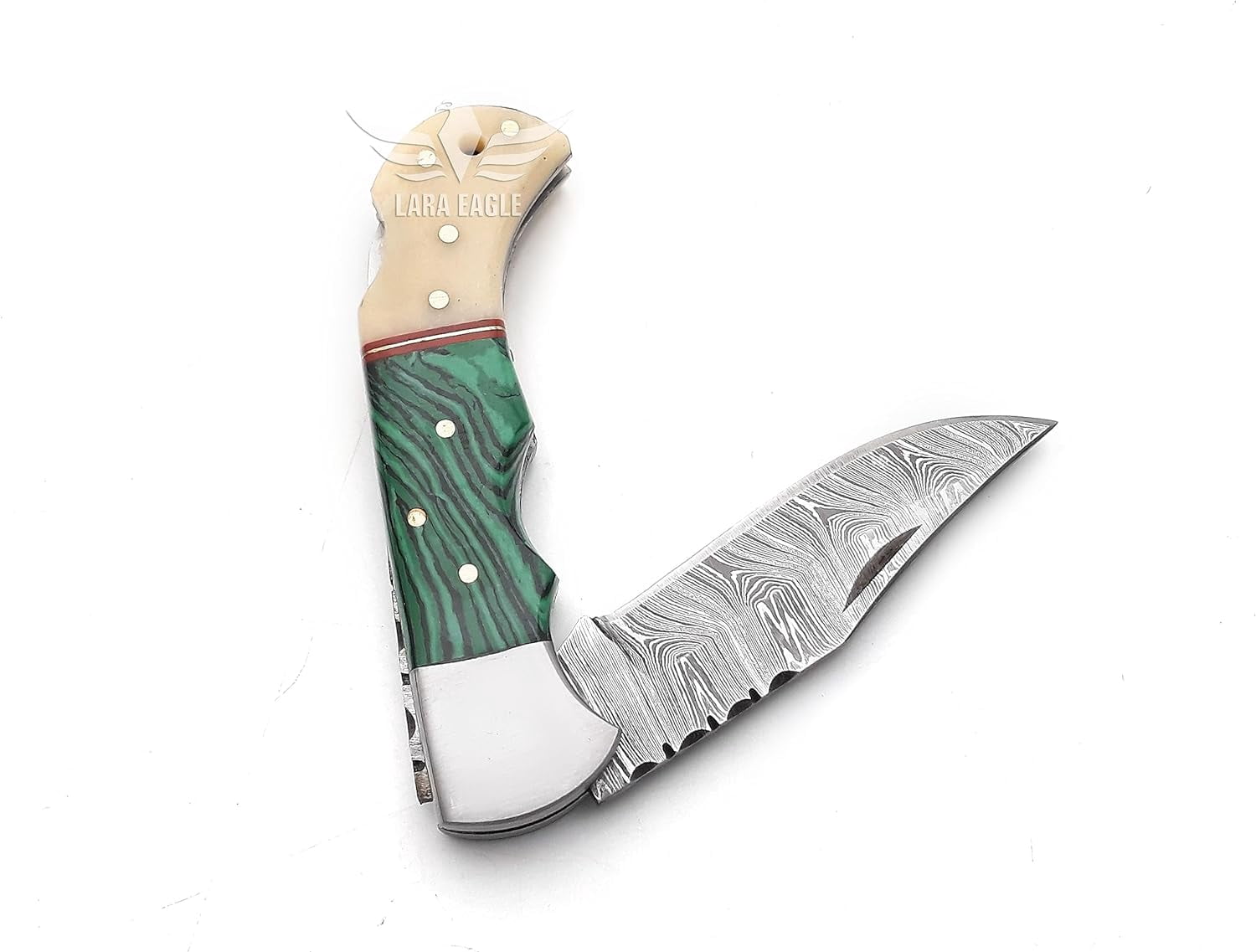 Lara Eagle Damascus Pocket Knife for Men - Multi Layer Solid Steel Handmade Folding Hunting Knives Turquoise & Camel Bone Handle with Sharpner and Leather Pouch