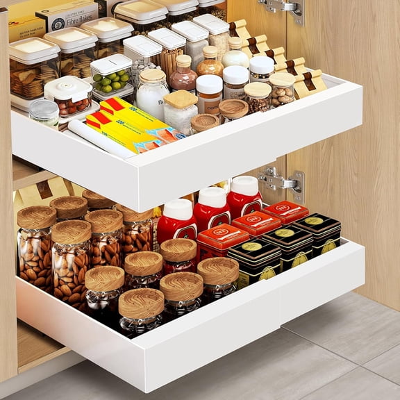 2-Pack Expandable Pull Out Cabinet Organizer, 21" Deep Adhesive Slide Out Drawer with 3 Slide Rails, Upgraded Raisers for Cabinet with Frame/Lip, Heavy Duty Roll Out Shelves, Width 12"-20.5"