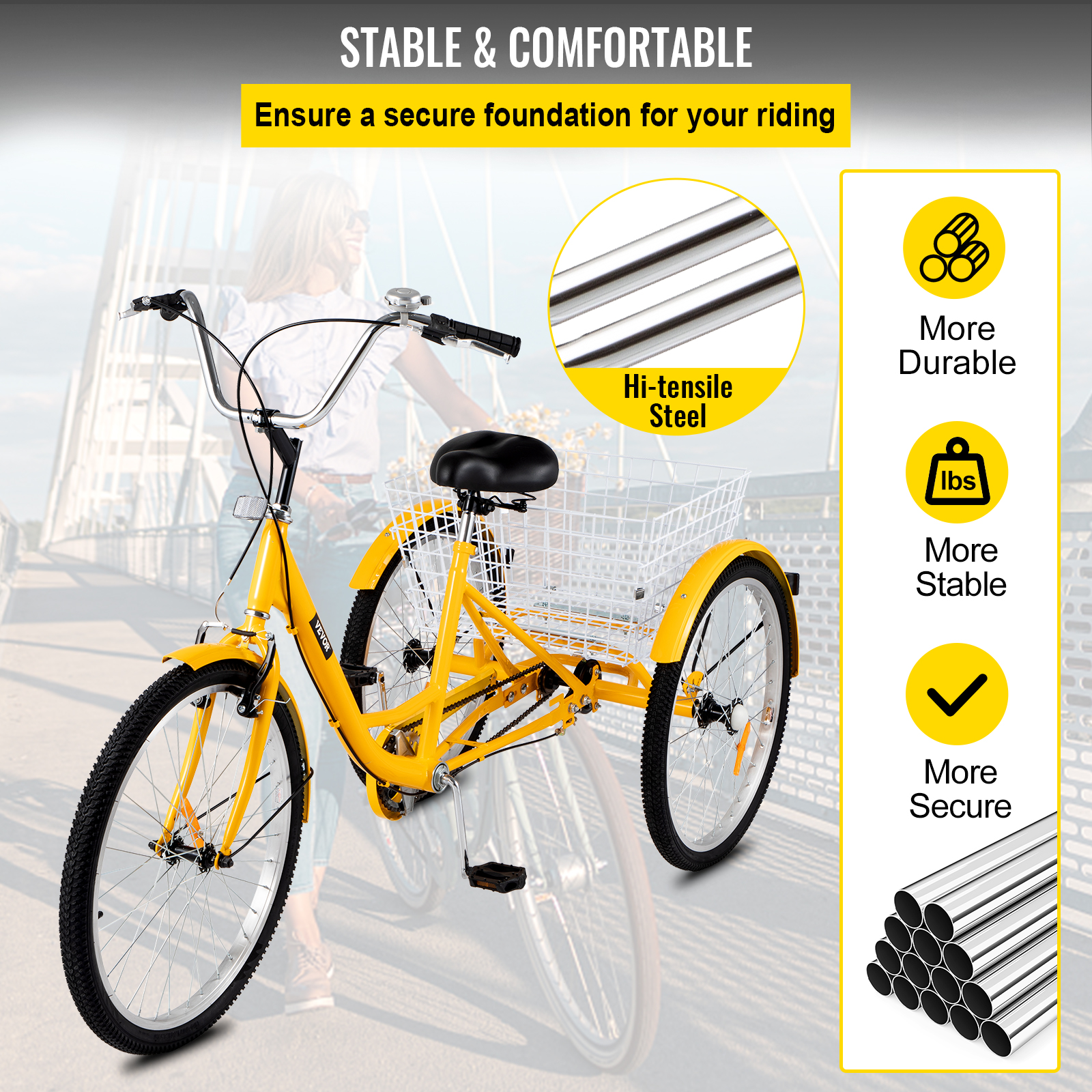 VEVOR Adult Tricycle 24 inch, 1-Speed Three Wheel Bikes , Yellow Tricycle with Bell Brake System, Bicycles with Cargo Basket for Shopping - image 4 of 9