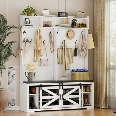 VIVISPECIAL Farmhouse Entryway Bench, Mudroom Storage Cabinet with Coat Rack, Hall Tree Entryway Storage Bench with 16 Shoe Cubbies & 12 Coat Hooks, 59" Wide Hall Tree with Shoe Storage Bench, White