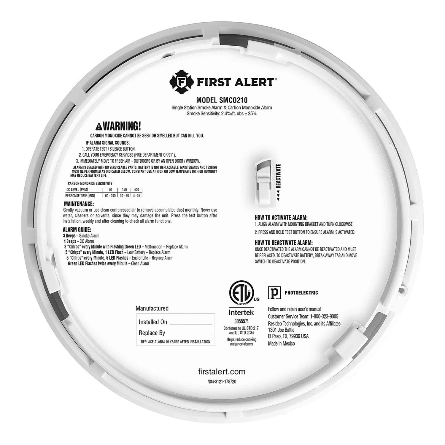 First Alert SMCO210 Sealed 10-Year-Battery 2-in-1 Smoke and CO Alarm with Slim Profile, 1046796
