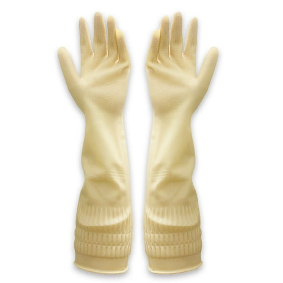 Rubber Dishwashing Gloves for Kitchen and Household Cleaning – Long Cuff 15", Reusable, Flexible Long-lasting and Non-Slip，Beige S