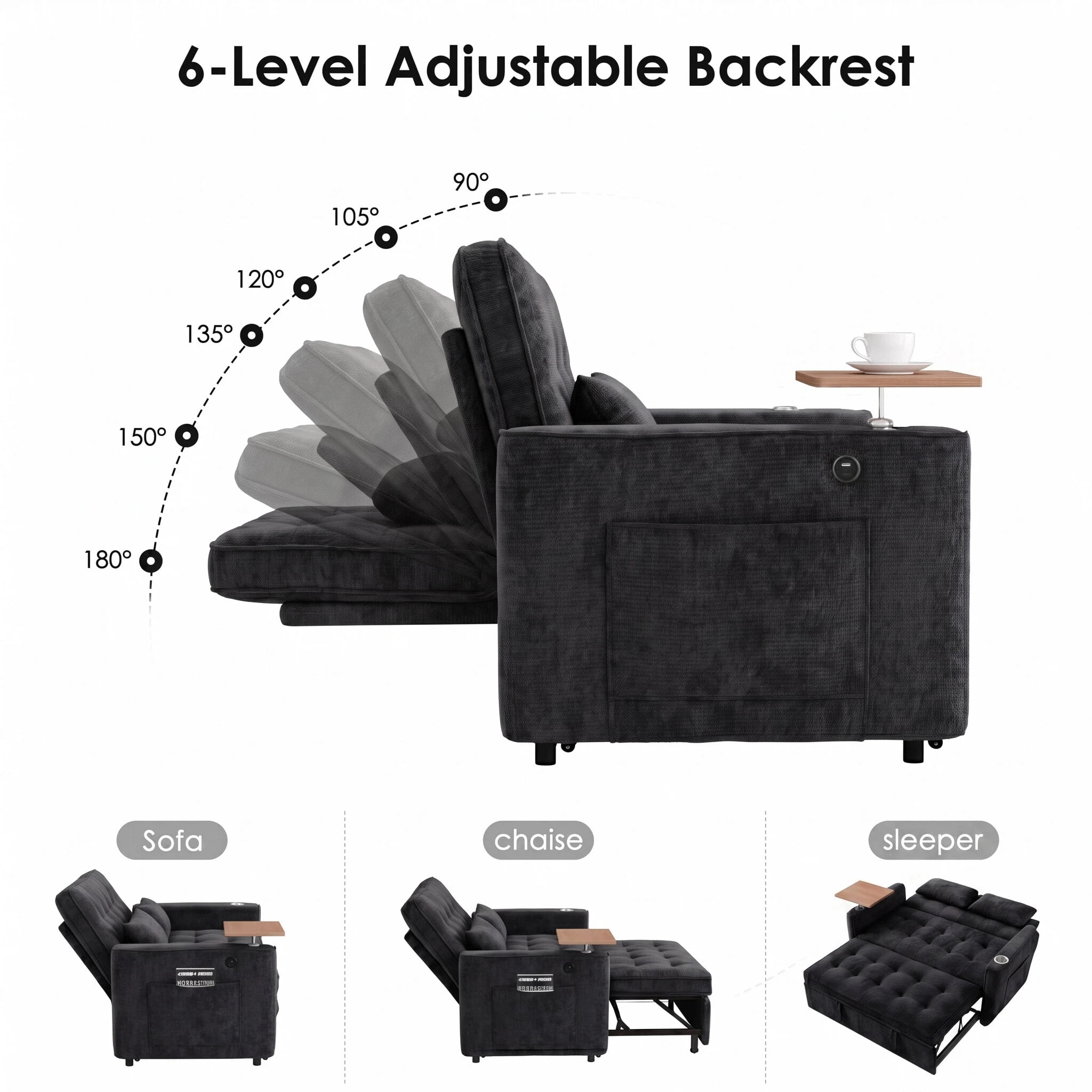 AISWORD 54" Convertible Pull Out Sleeper Sofa Bed, Chenille Loveseat Couch with USB Port, Side Tray Table, Cup Holder, Storage Pockets & Adjustable Backrest for Small Spaces, Black