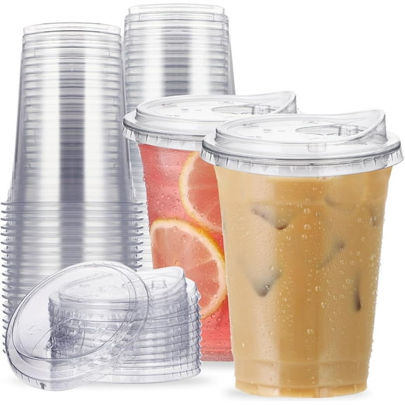 100 Pack 16 oz Clear Plastic Cups with Lids, Food Safe Coffee Cups, Disposable Clear Drinking Cups with Lids for Cold Drinks, Milkshake, Smoothie, Iced Coffee, Party