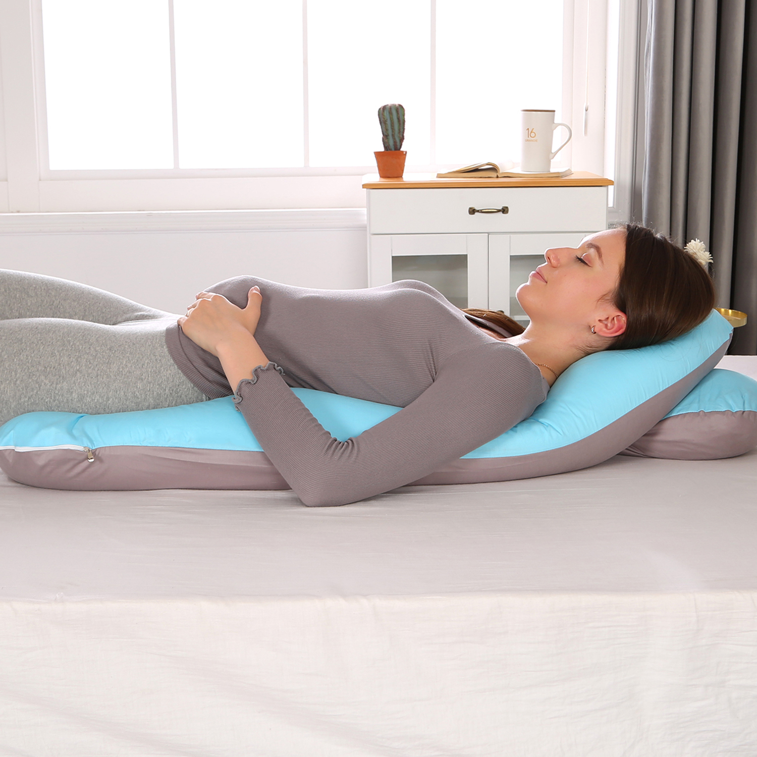 U-Shape Pregnancy Pillow 51 Inch Maternity Pillow with Washable Cover Nursing Support Cushion for Pregnant Women Side Sleeping (Blue+Gray)