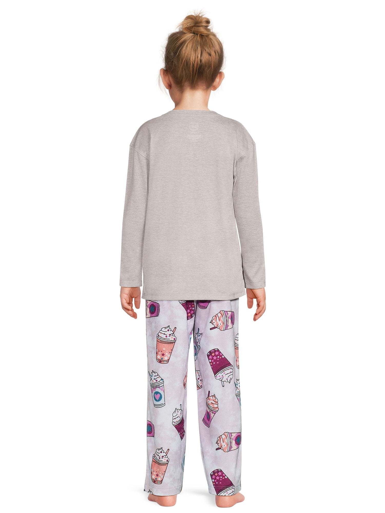 Wonder Nation Girls Long Sleeve Top and Jersey Pants with Knit Flannel, 2-Piece Pajama Sleep Set, Sizes 4-18 & Plus