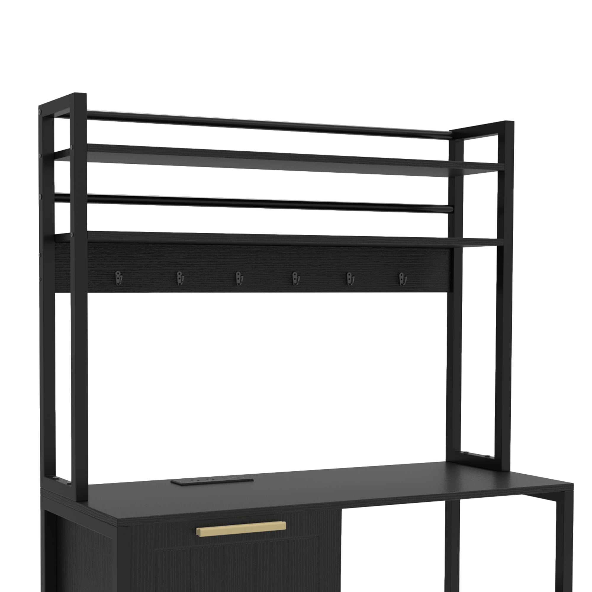 Uforic Kitchen Bakers Rack Mini Fridge Stand with Power Outlets & Trash Storage Cabinet, Black