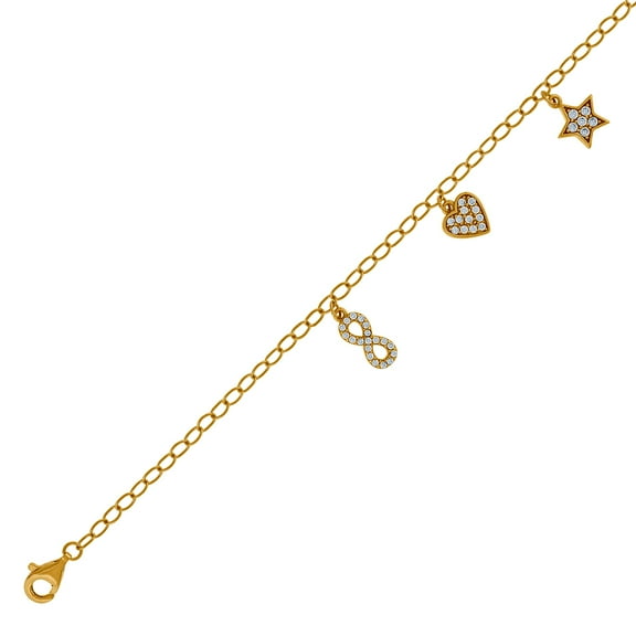 925 Sterling Silver Yellow-tone Womens Cubic Zirconia Love Heart Star Infinity Charms Bracelet Charm Bracelet for Women