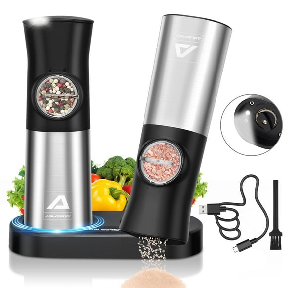 Juego de Molinillos de Sal y Pimienta Eléctricos de Gravedad, Molinillos de Pimienta Automáticos ABLEGRID, Molinillos de Grosor, Recargables, Ajustables, Recargables por USB con Luz LED (Paquete de 2)