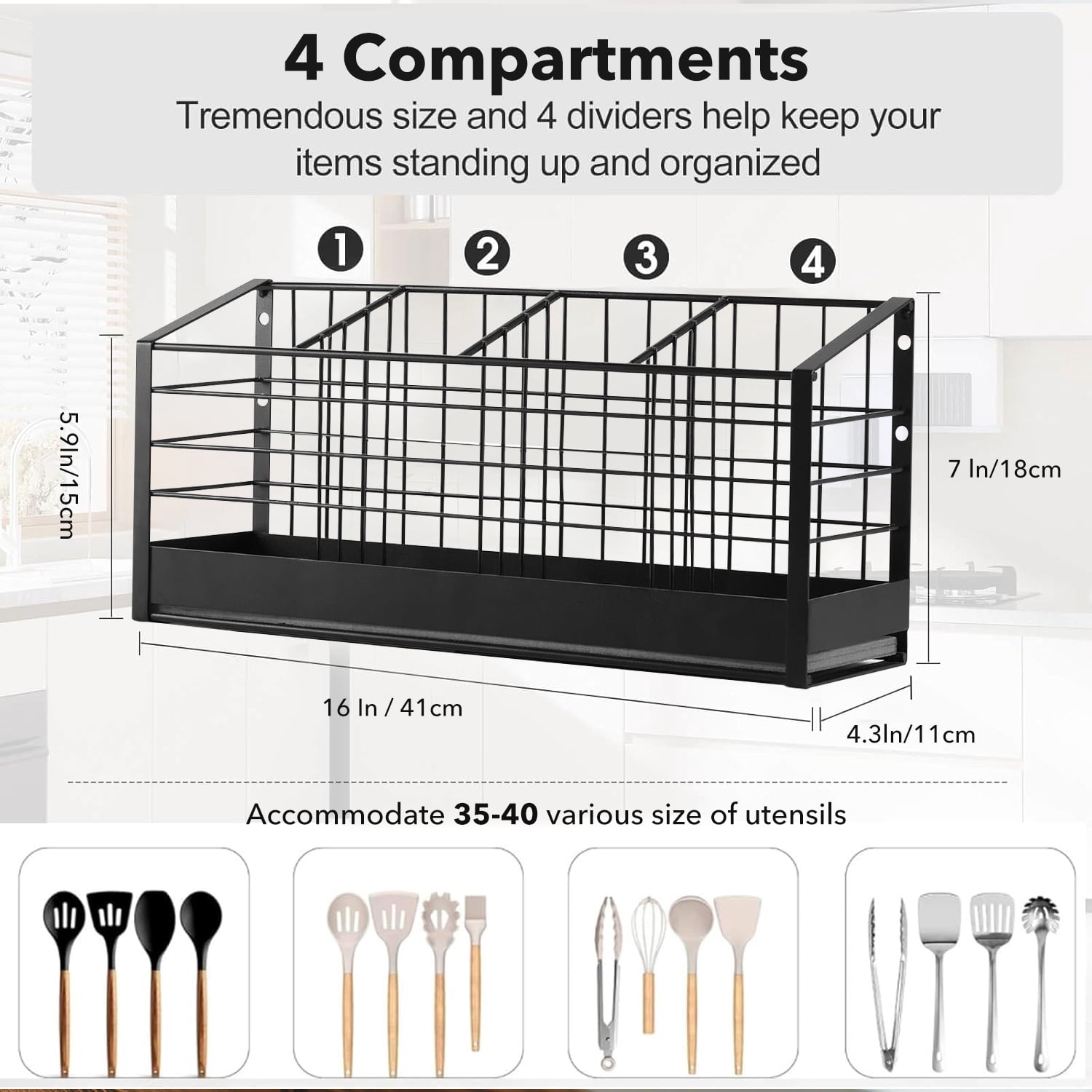 Behome Extra Large Kitchen Utensil Holder, 4 Compartments & Diatomaceous Earth Base, Wall Mounted Anti Rust Metal Holder for Kitchen Counter, Farmhouse Cooking Utensil Storage, Black