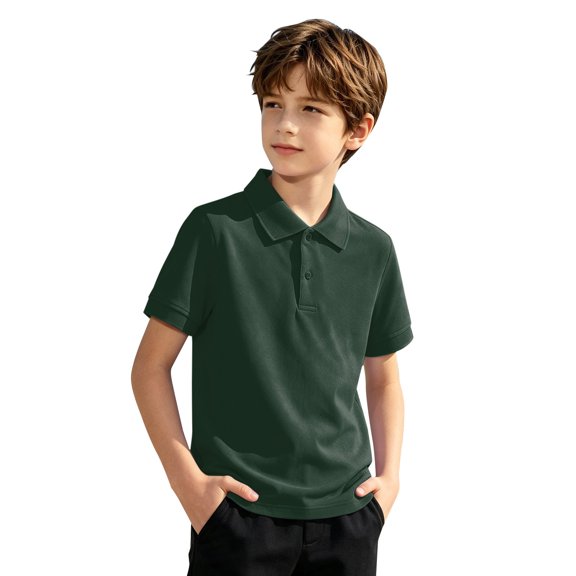 Fnhpitd School Uniform Polo Tshirt for Little Boys and Big Boys, Kids Pure Color Short Sleeve Cotton Polo Shirt Blackish Green 100