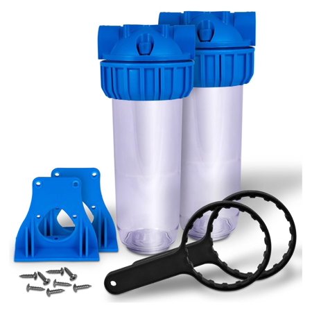 

10 inch Transparent Standard Water Filter Housing Presser Relief Button 3/4” Inlet/Outlet Brass Port Accepts Standard 10”x 2.5” Cartridges 3/4” Brass Port Mounting Hardware Included (2 Sets)
