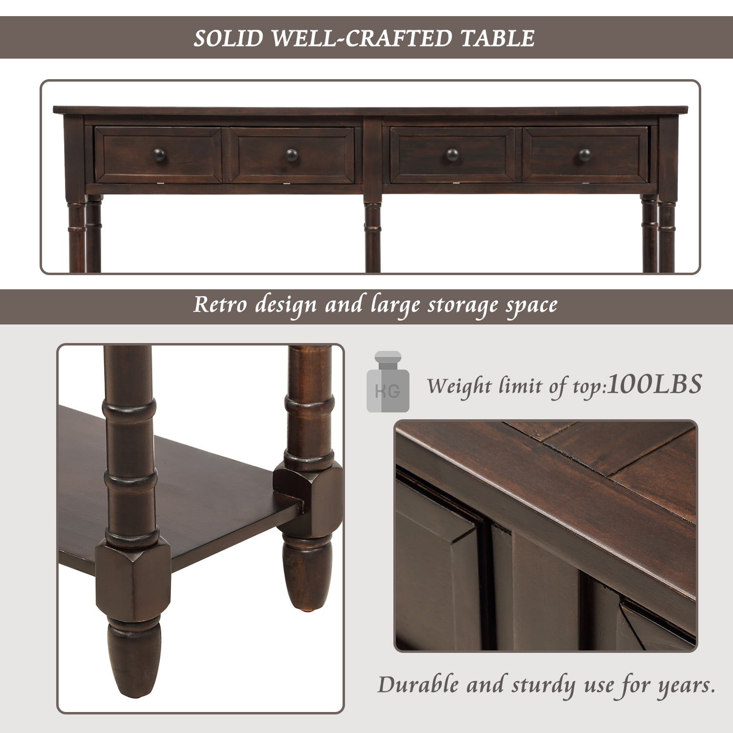 Wooden Console Table with Two Drawers and Bottom Shelf,Antique Entryway Table for Hallway Living Room,Espresso