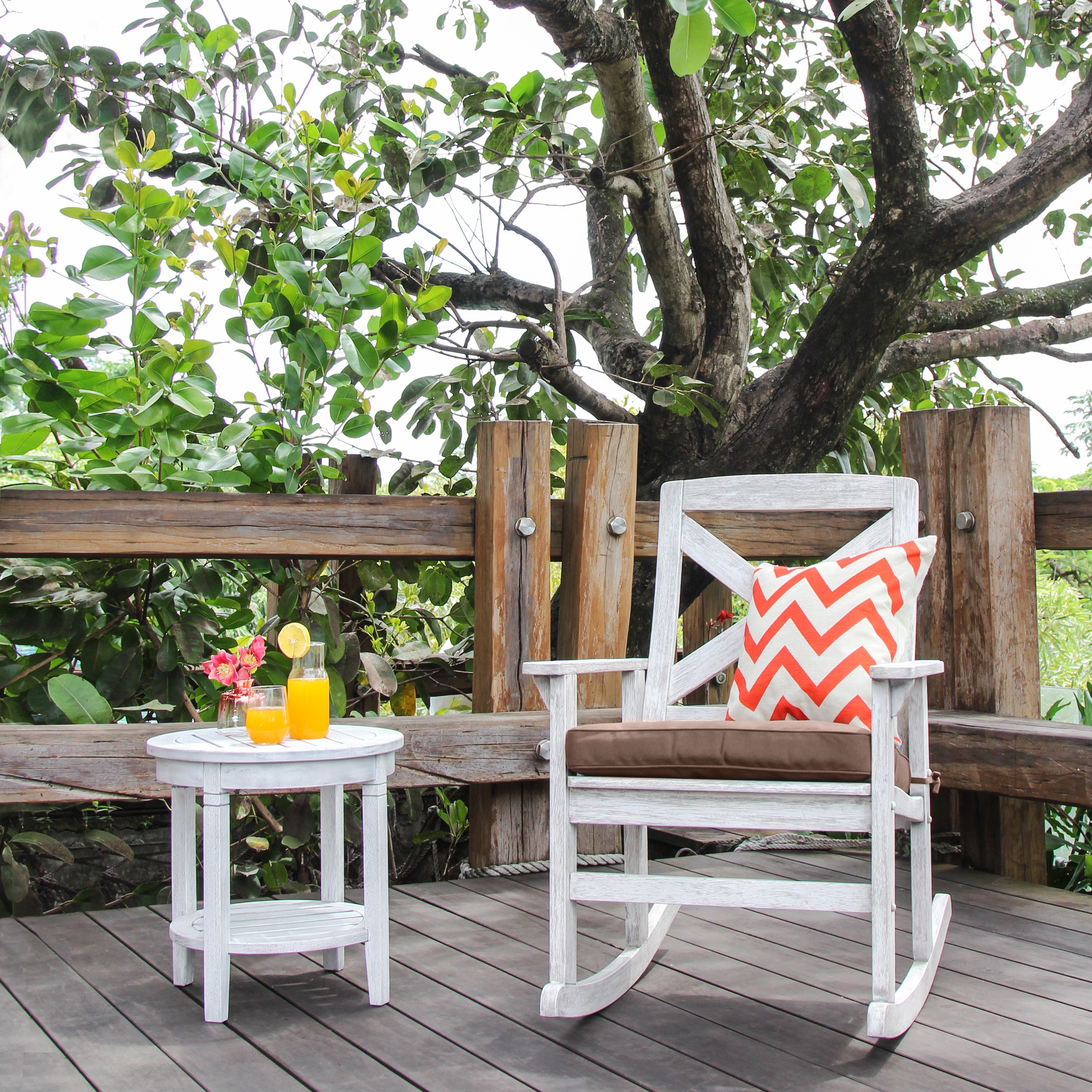 Alston Solid Wood Round Patio Side Table White Wash Finish