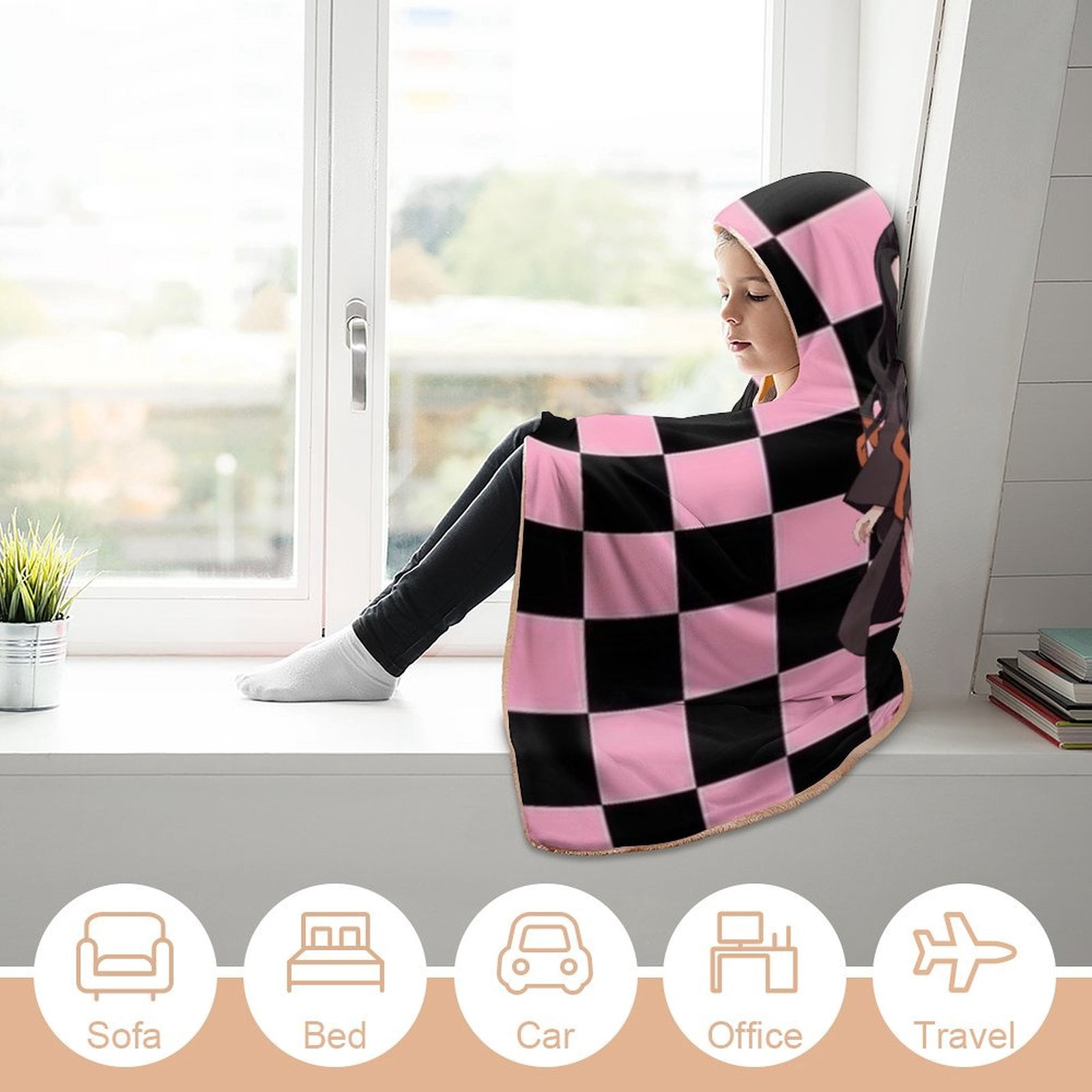 Kamado Nezuko Wearable Blanket Cloak Arctic Velvet Hooded Blanket Soft Fuzzy Hoodie Blanket Cape for Adults Kids 60"x80"