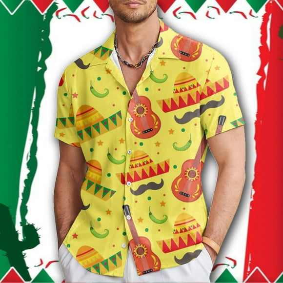 Male Spring And Summer Mexican Style Shirts Casual Lapel Full Print Beach Short Sleeve Vacation Outdoor Vacation Shirts Attire Mens Corduroy Button down Shirt Fashion Print Printed Short Sleeve Shirt