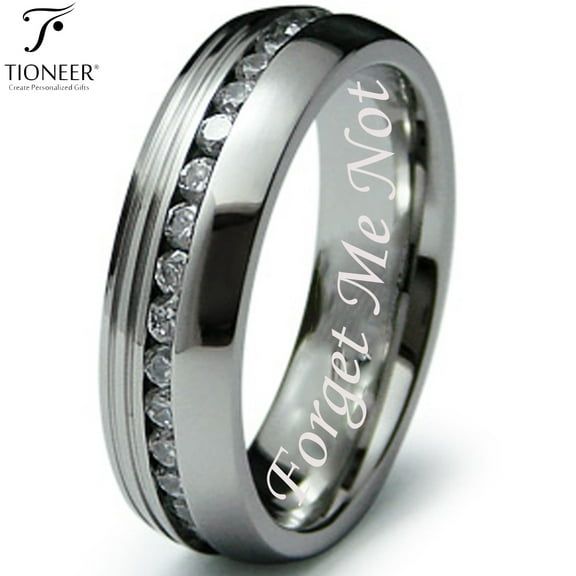 Tioneer Stainless Steel 316L Eternity Cubic Zirconia Wedding Band Promise Ring Comfort Fit 6.5MM Forget Me Not Engraved