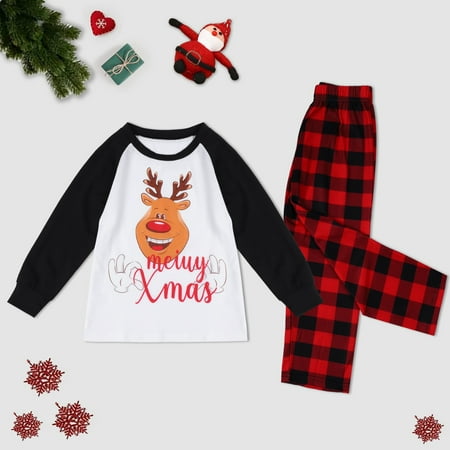 

NEGJ Matching Family Pajamas Sets Christmas Smile Print Top And Plaid Pants Sleepwear For Kids