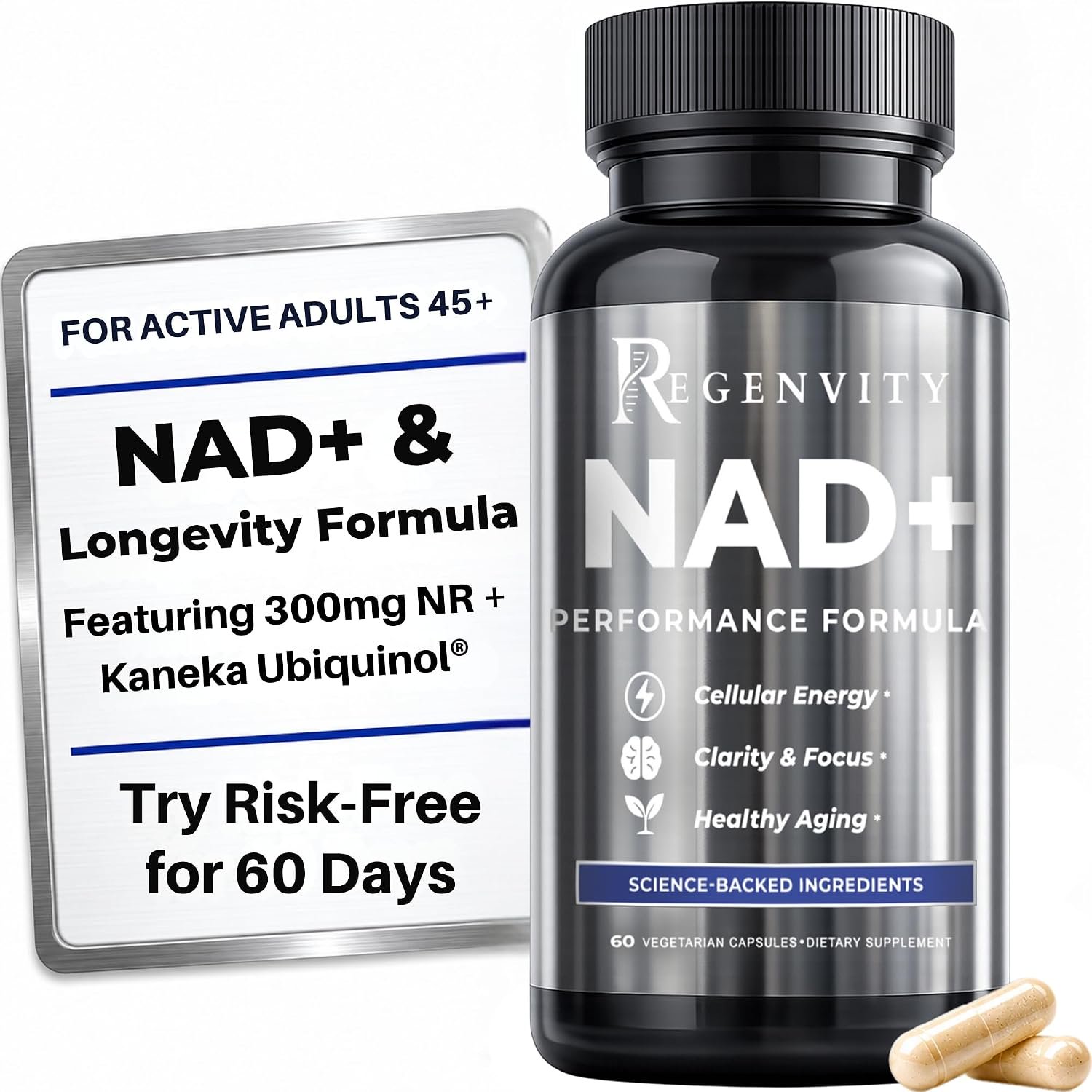 Regenvity NAD+ Supplement with Kaneka Ubiquinol CoQ10 and 300mg Nicotinamide Riboside, Cellular Energy Support for Active Adults 45+, 1 Pack, 60 Capsules, 60 Day Supply