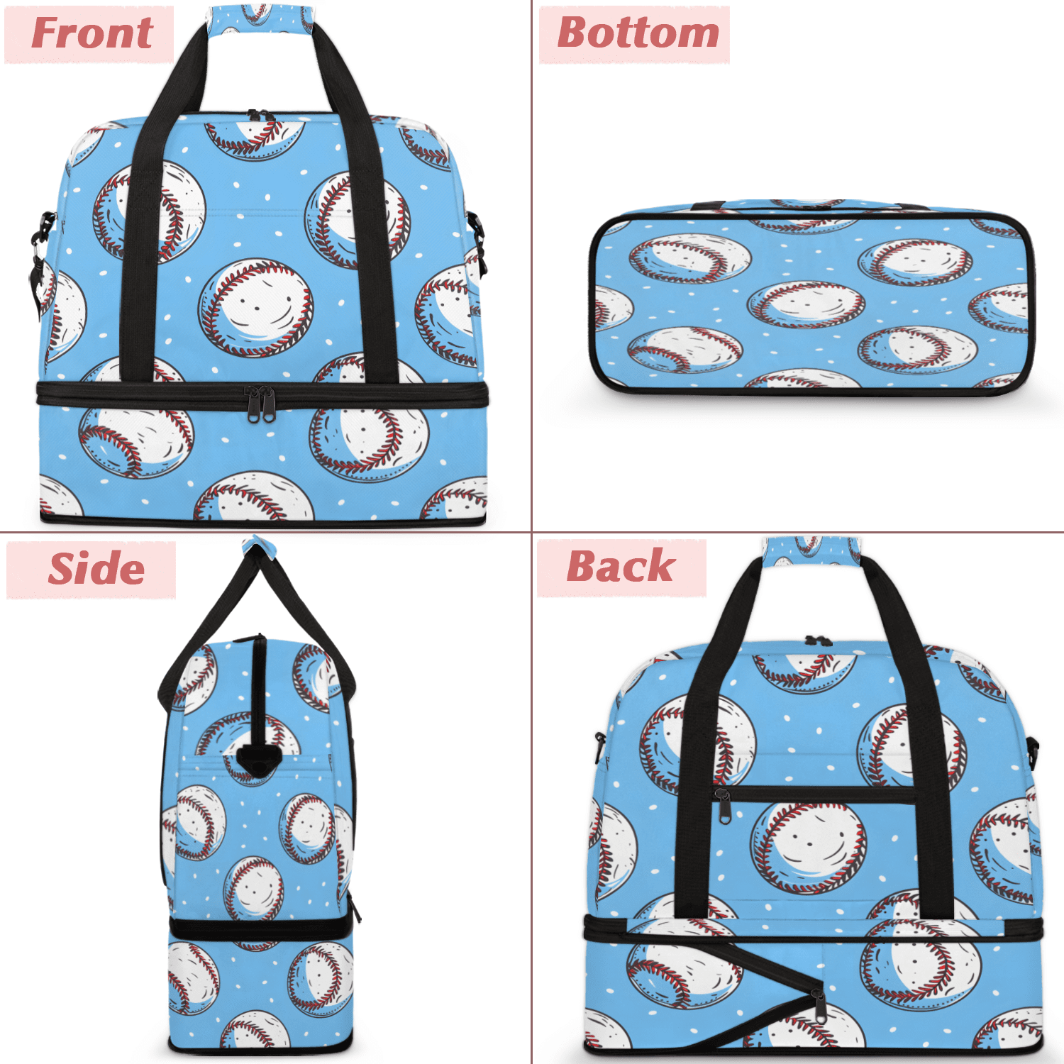 Herdesigns Baseball Sports Travel Duffel Bag with Shoe Compartment Cool Ball Large Foldable Waterproof Weekend Overnight Bag for Beach Swim Pool Bags Sports Gym