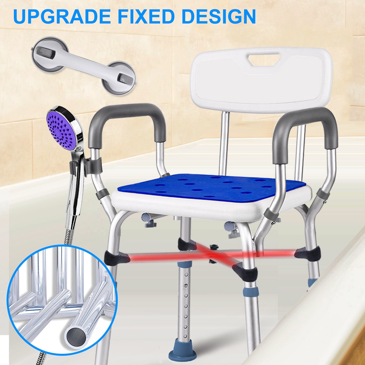Shower Chair, Shower Stool with Shower Grab Bar for Bathtub , Adjustable Shower Seat Supports up to 500 lbs., White