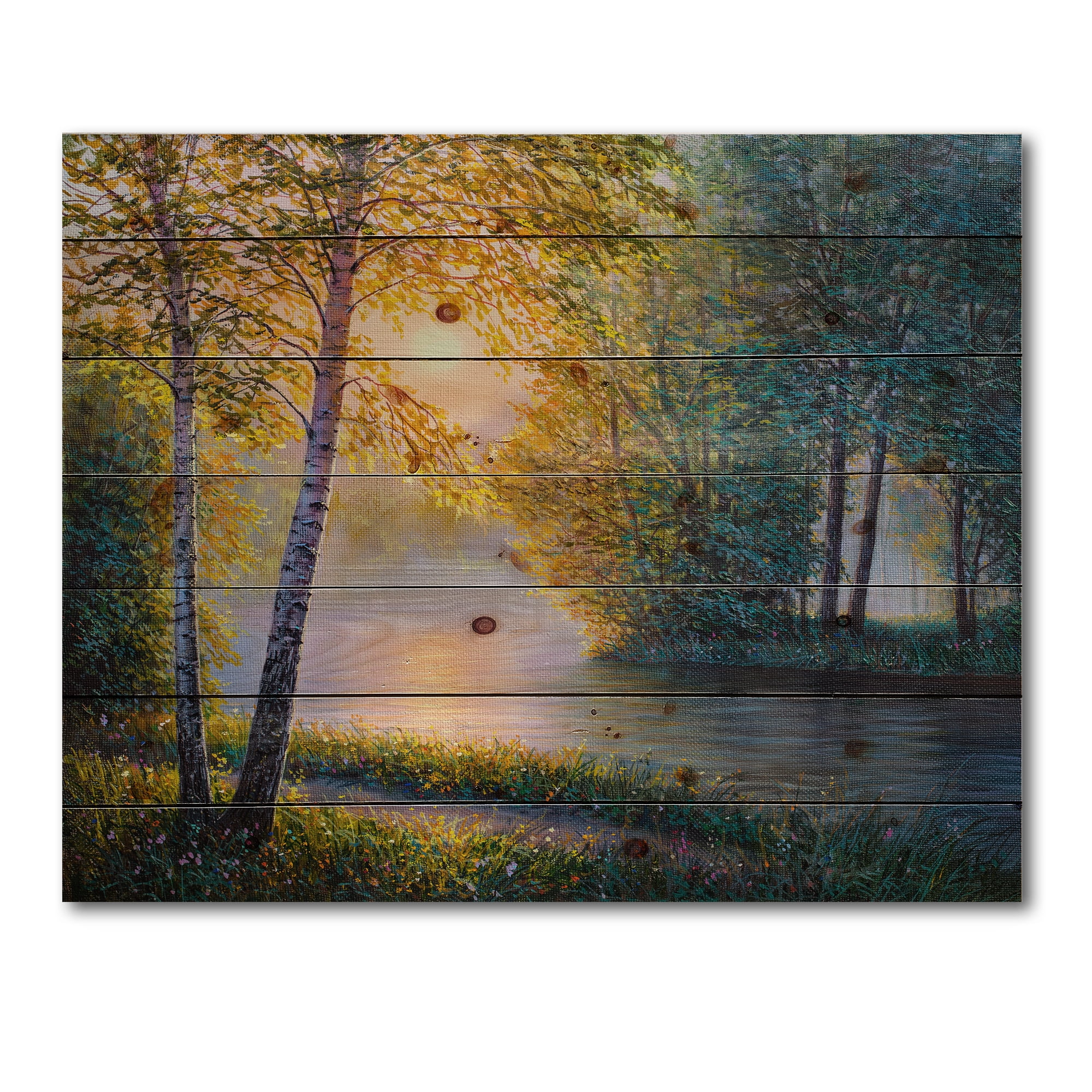Designart 'Sunrise Summer With Beautiful River Spring Forest' Lake House Print on Natural Pine Wood
