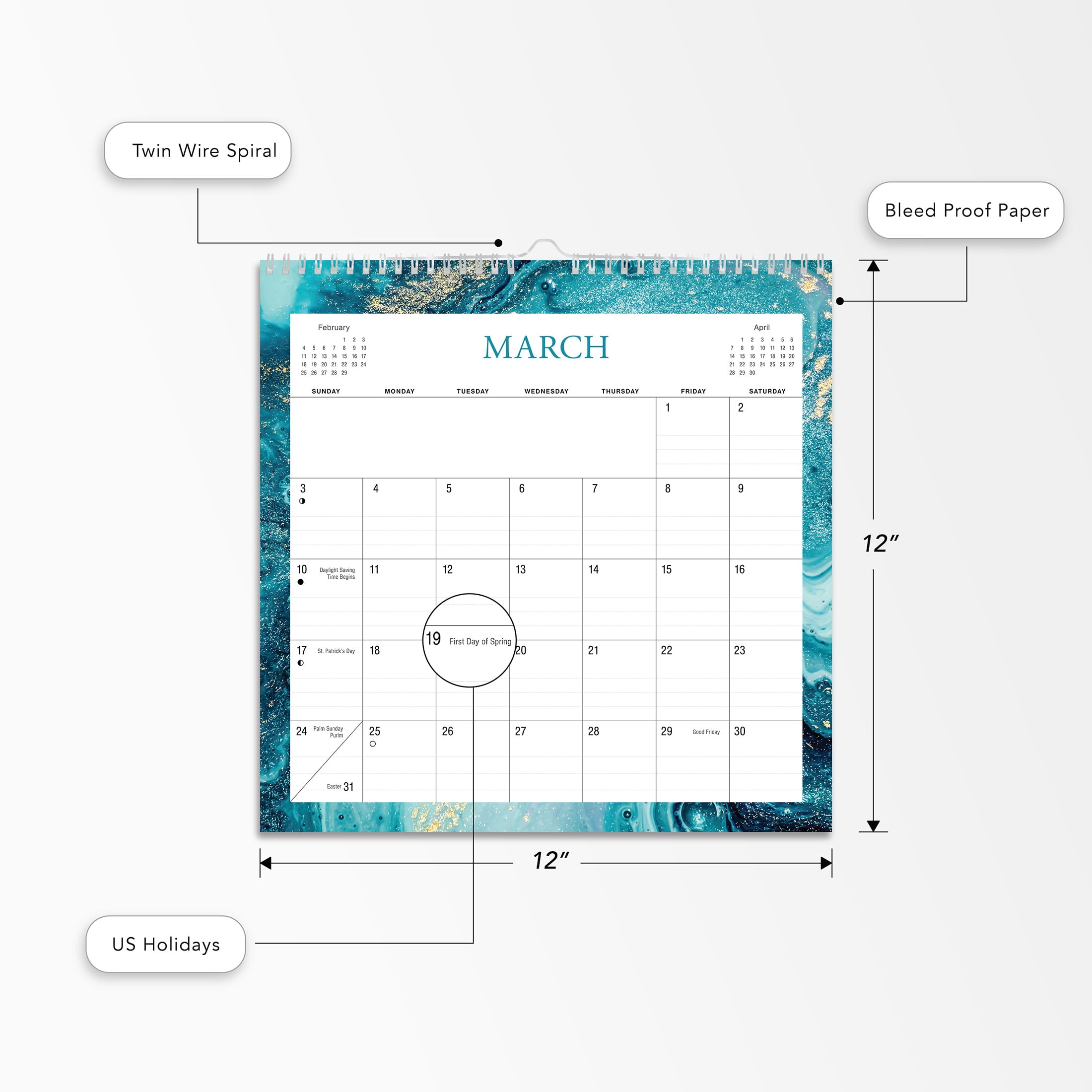 2024- 12 Month Calendar-Marble Border-12x12 Spiral bound -by Pen + Gear