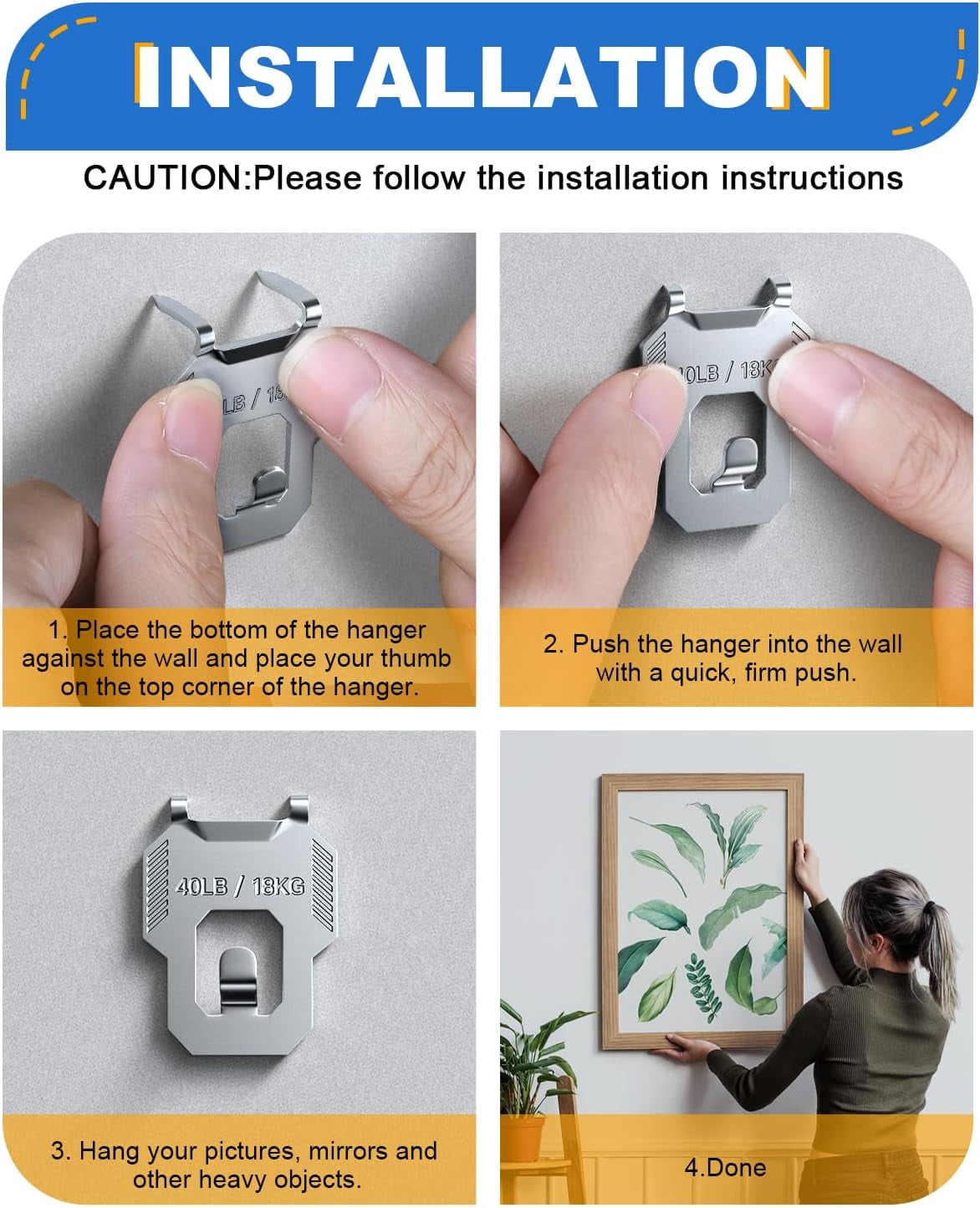 Claw Drywall Picture Hanger: Wall Hooks for Hanging Picture Mirror Photo Poster Kit - Heavy Duty Wall Hanger for Room Office Decor Tool-Free Nail-Free Holds Up to 40Lbs