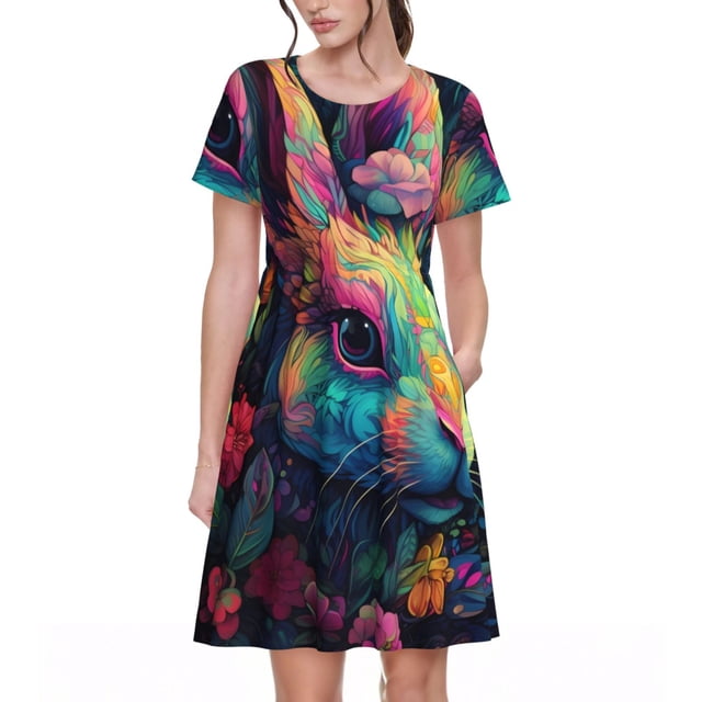 Saiise Robes d'Été à Motif Lapin Coloré pour Femmes T-Shirt Décontracté Manches Courtes Robe de Plage Florale avec Poches