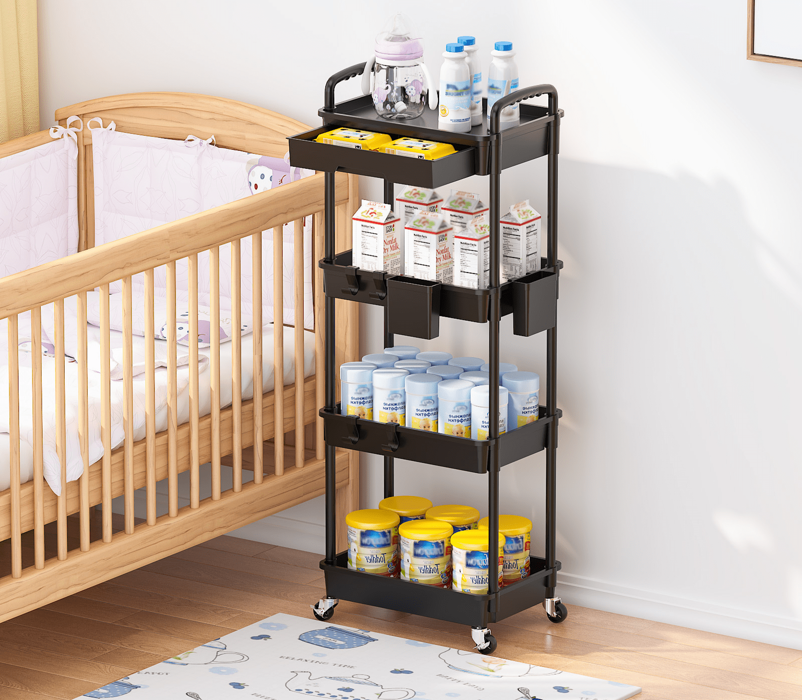 LLMRR 4 Tier Rolling Utility Cart with Drawer, Cart with Drawer & Handle, Bathroom Cart Organizer, Rolling Storage Cart with Drawer, Rolling Cart with Lockable Wheels for Kitchen, Office, Black