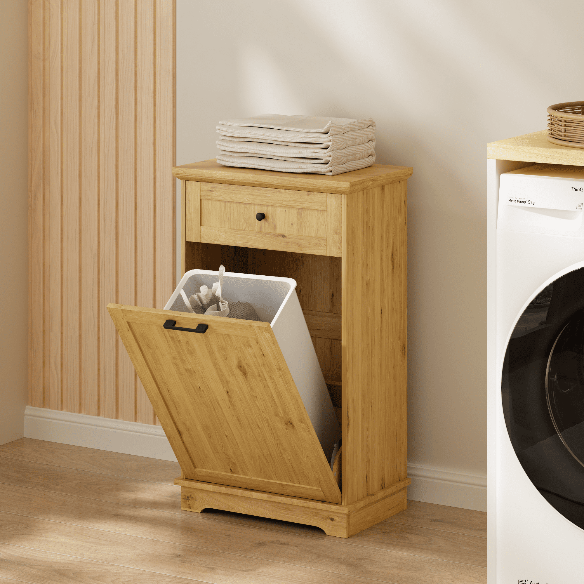 10 Gallon Tilt Out Trash Cabinet Freestanding Trash Bin Cabinet Wood Garbage Recycling Cabinet with Hideaway Drawer Pet Proof Trash Can Holder for Kitchen Living Room, Natural (not include can)