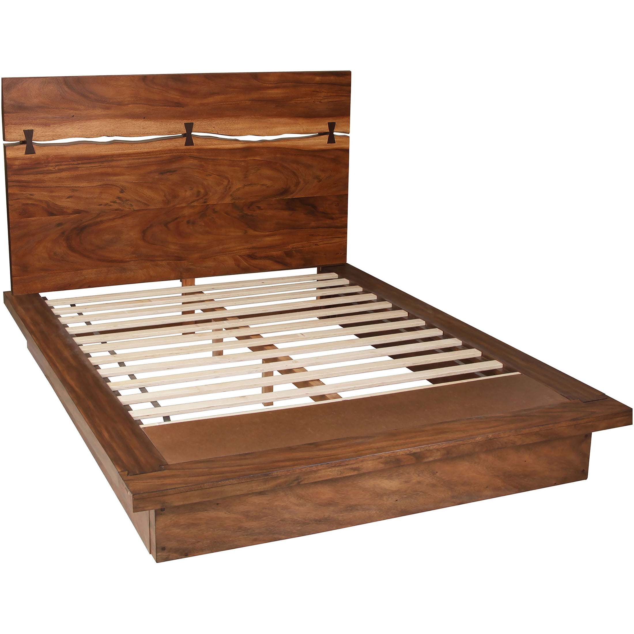 JERFIT Queen Size Platform Bed Frame, Smokey Walnut Wood Bedroom Furniture with Upholstered Headboard and Strong Slat Support