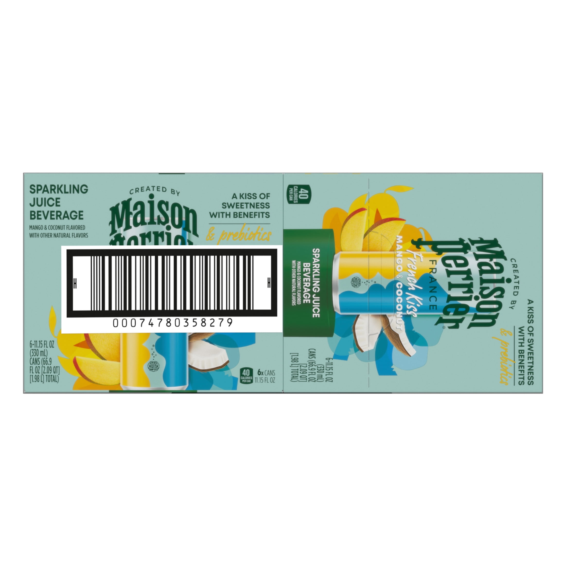 Maison Perrier French Kiss Sweetened Sparkling Water, Mango & Coconut Flavors with Real Fruit Juices, 24PK