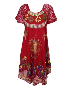 Mogul Women's Red Caftan Umbrella Dress Loose Flare Dresses M