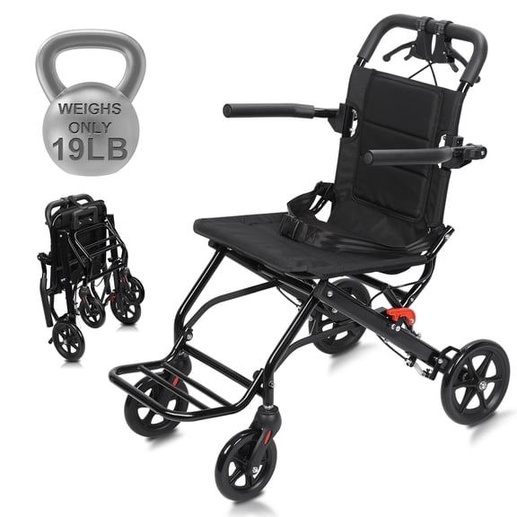 cbehtwi Lightweight Foldable Manual Transport Wheelchair, Narrow Doorway Design for Adults Elderly 220lbs Capacity Travel Chair with Pull Bar