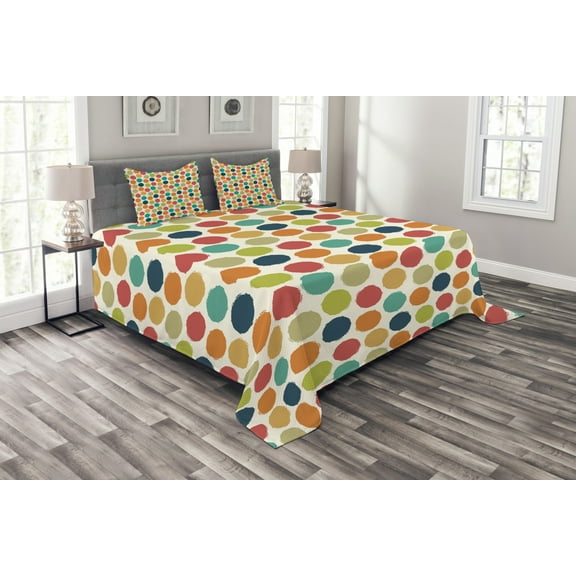 Ambesonne Vintage Quilted Bedspread Set 3 Pcs, Hipster Polka Dots Tile, King Size, Multicolor