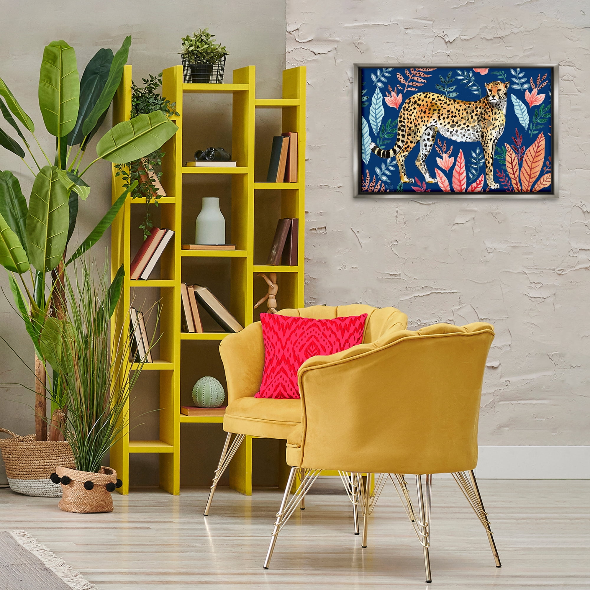 Stupell Industries Jungle Plants & Cheetah Animals Painting Gray Floater Framed Canvas Art Print Wall Art, 25 x 17
