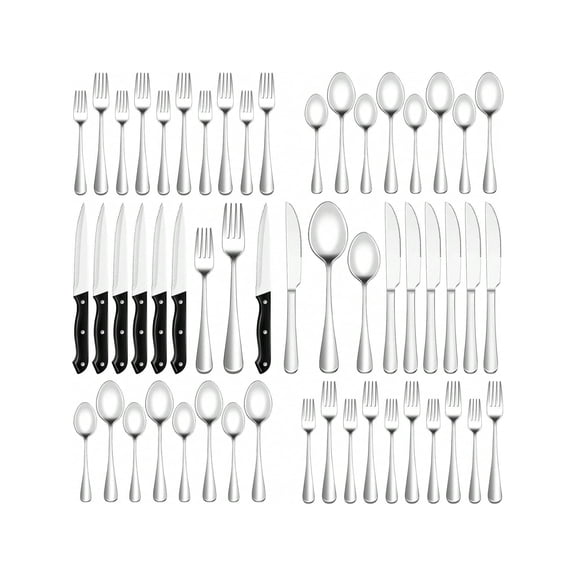 Silverware Set with Steak Knives, 48-Piece Stainless Steel Flatware Set for 8, Dishwasher Safe Kitchen Cutlery Utensils for Home and Restaurant, Silver