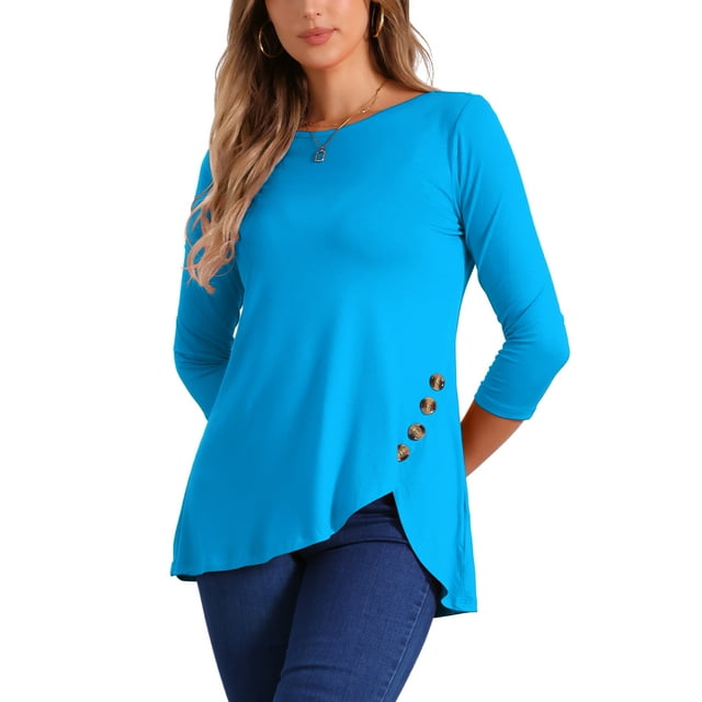 INSPIRAR CHIC Blusas de Mujer Cuello Redondo de Manga 3/4 con Botones Decorativos y Dobladillo Irregular Estilo Casual XS Azul