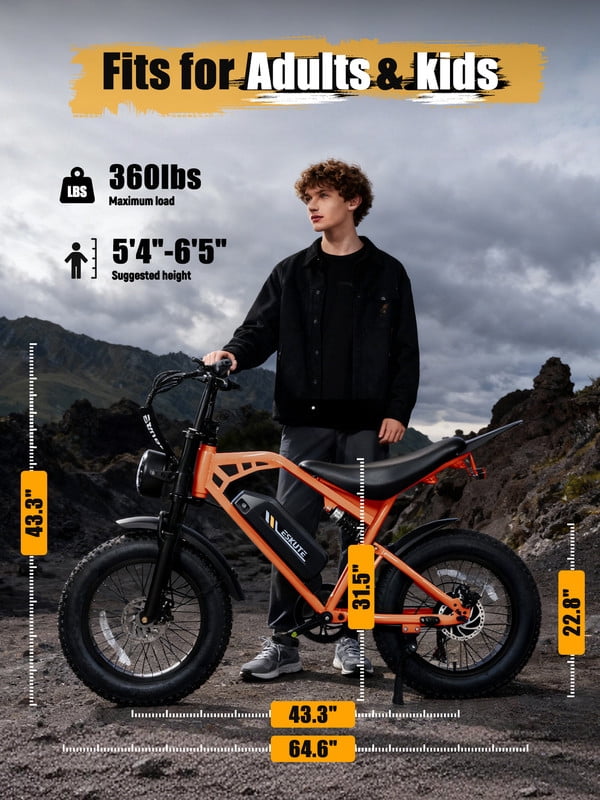 ESKUTE V200 Electric Bike for Adults, Dirt E-Bike with 29MPH 48V20.8Ah Battery 80 Miles,20"x4.0 Fat Tire, NFC Unlock, 7-Speed Dual Suspension, Streamlined Frame, Orange, UL2849