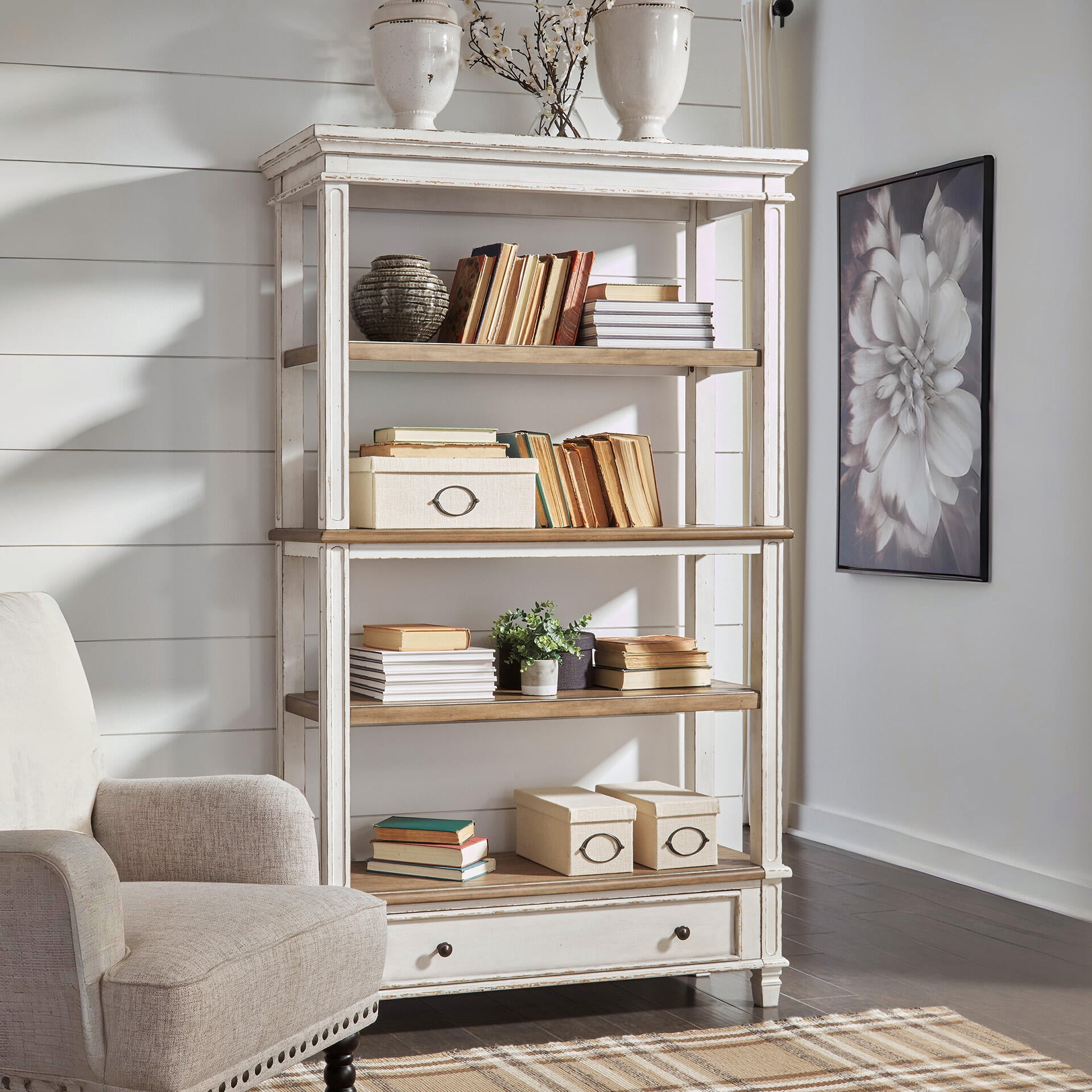 Signature Design by Ashley Realyn 75" Farmhouse Bookcase with Drawer - Chipped White & Brown