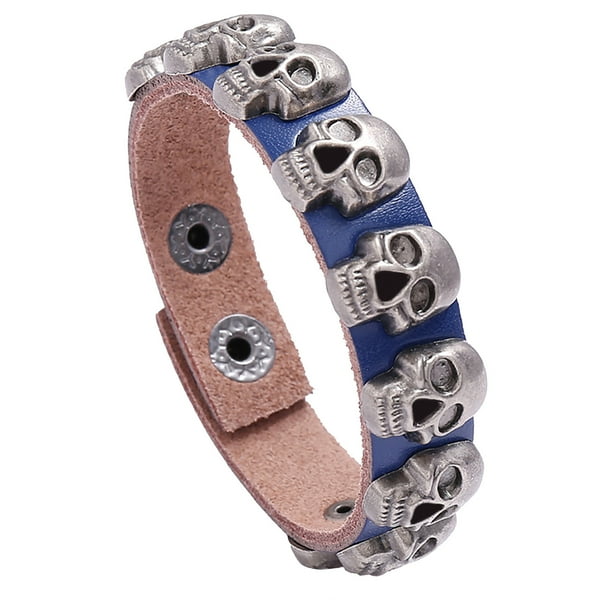 Pulsera auténtica de cuero negro y acero inoxidable para hombre con hebilla de cinturón gótica para motociclistas
