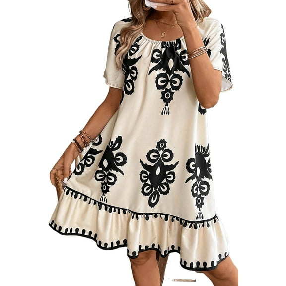 Women's Apricot Western Print Ruffled Short Sleeve Loose Dress - [ZhiHiMeRi] | (US 20-22)2XL
