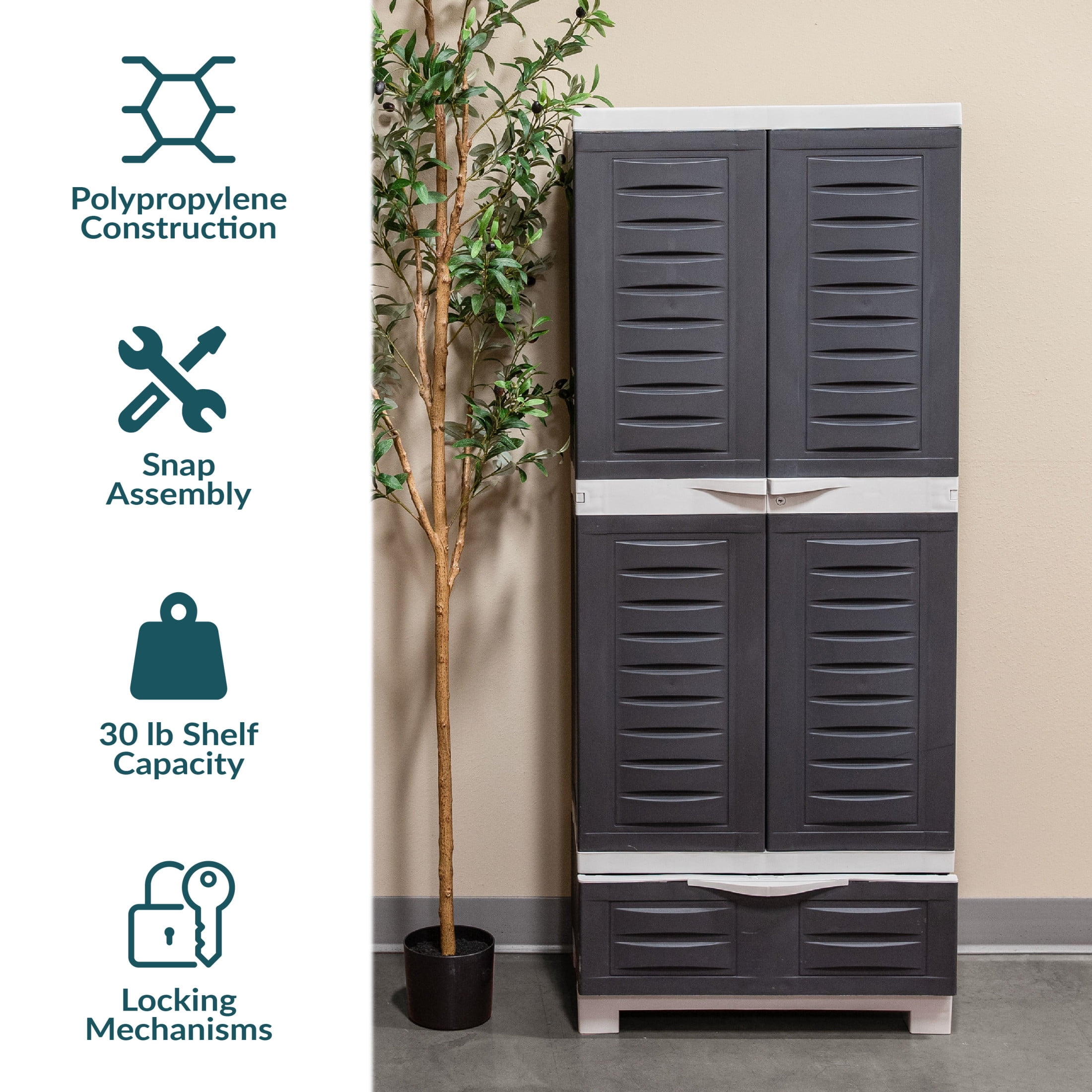 Sunnydaze Lockable Adjustable 57.5" Plastic 3-Shelf 1-Drawer Freestanding Storage Cabinet, Charcoal with Gray Trim
