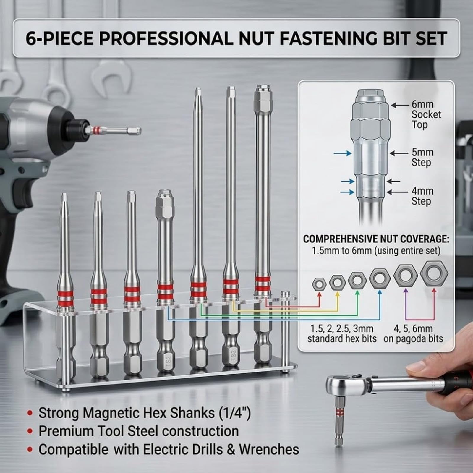 Pagoda Hex Screwdriver Bit Set, Magnetic Pagoda Hex Bits, 6-Piece Pagoda-Shaped Drill Bit Set, High-Magnetic Screwdriver Drill Bit Set for Electric Drill Wrench DIY Repair
