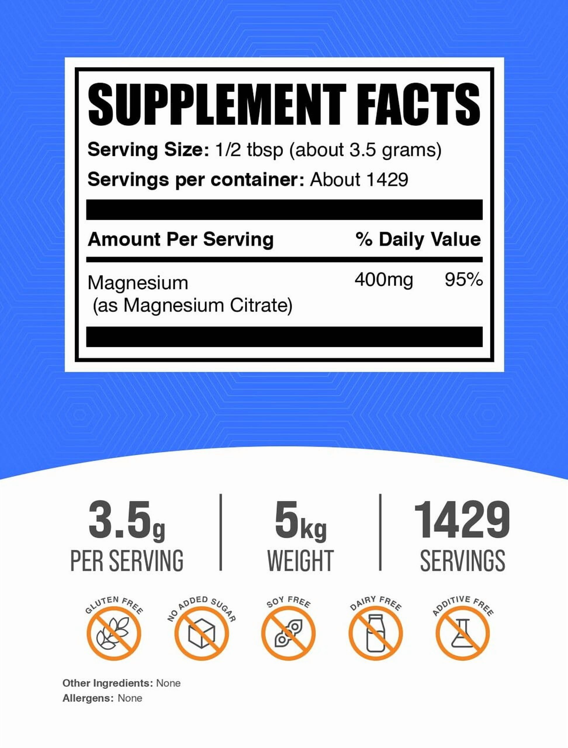 BulkSupplements Magnesium Citrate Powder, 3.5g - (5kg - 11 lbs)