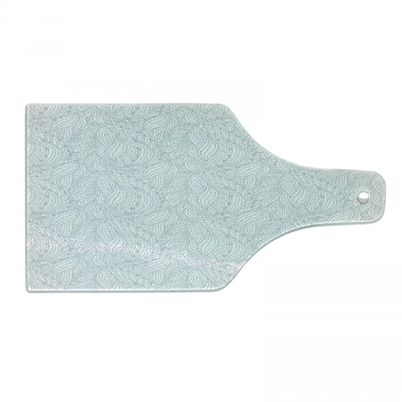 Grey and White Cutting Board, Doodle Style Botanical Leaves Pattern Shabby Ornamental, Decorative Tempered Glass Cutting and Serving Board, Wine Bottle Shape, Grey White, by Ambesonne