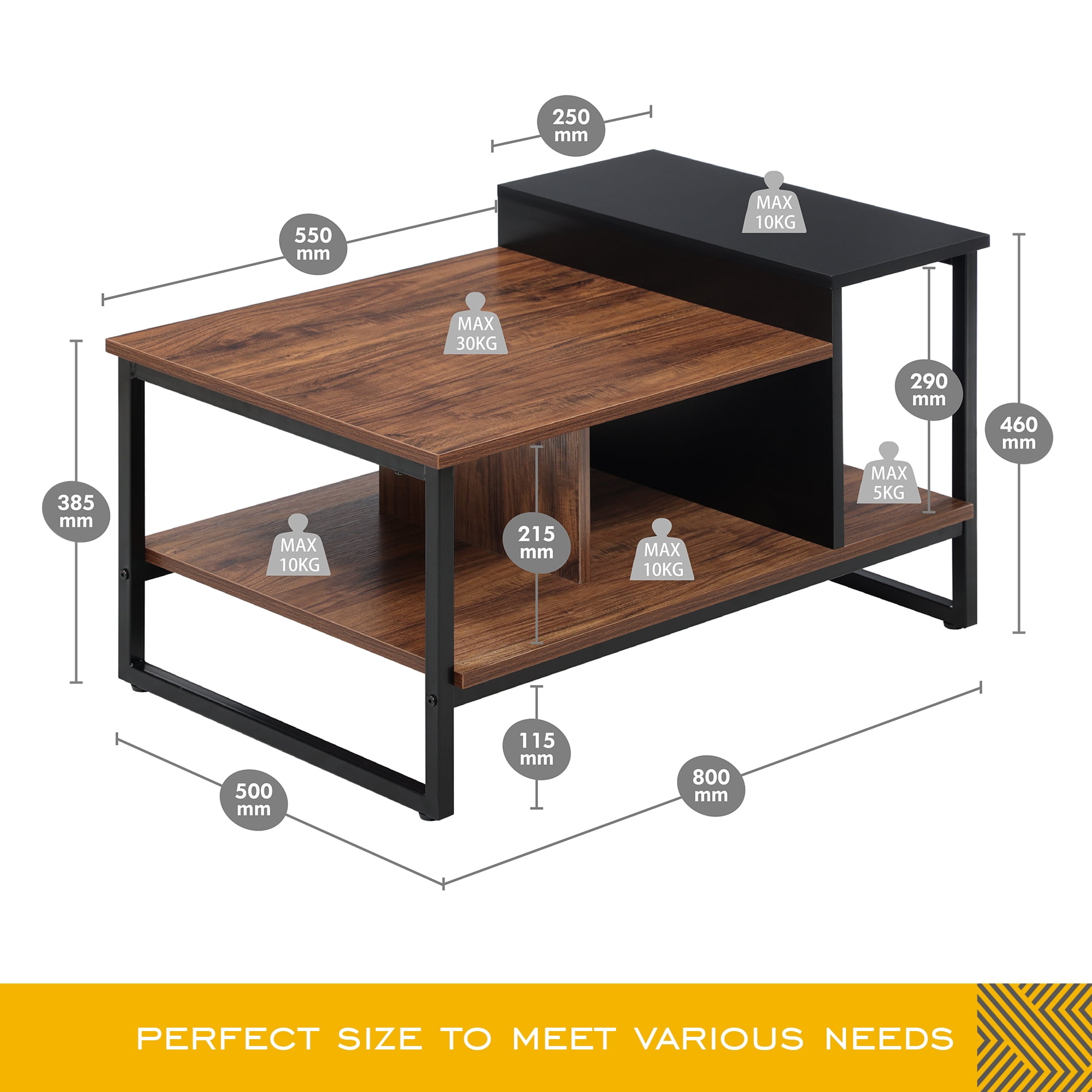 FITUEYES Industrial Wood and Metal with Shelves Coffee Table, Walnut/Black