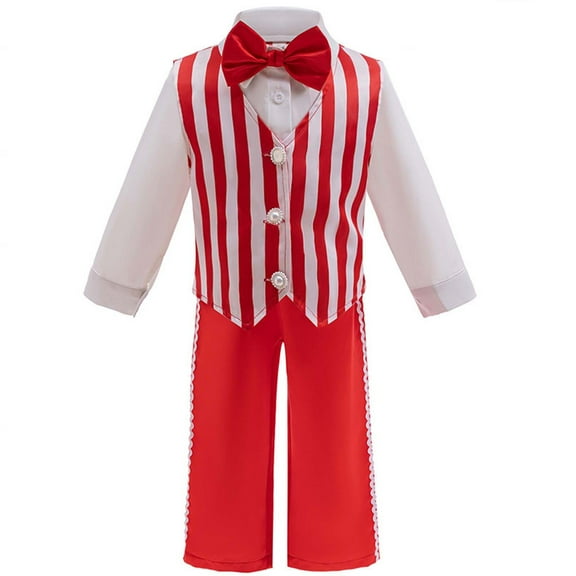 Gpaecead Kids Christmas Suit Boys Gentleman Long Sleeve Collar Red White Striped Suit Vest Shirt Pants Tie Party Outfits Red