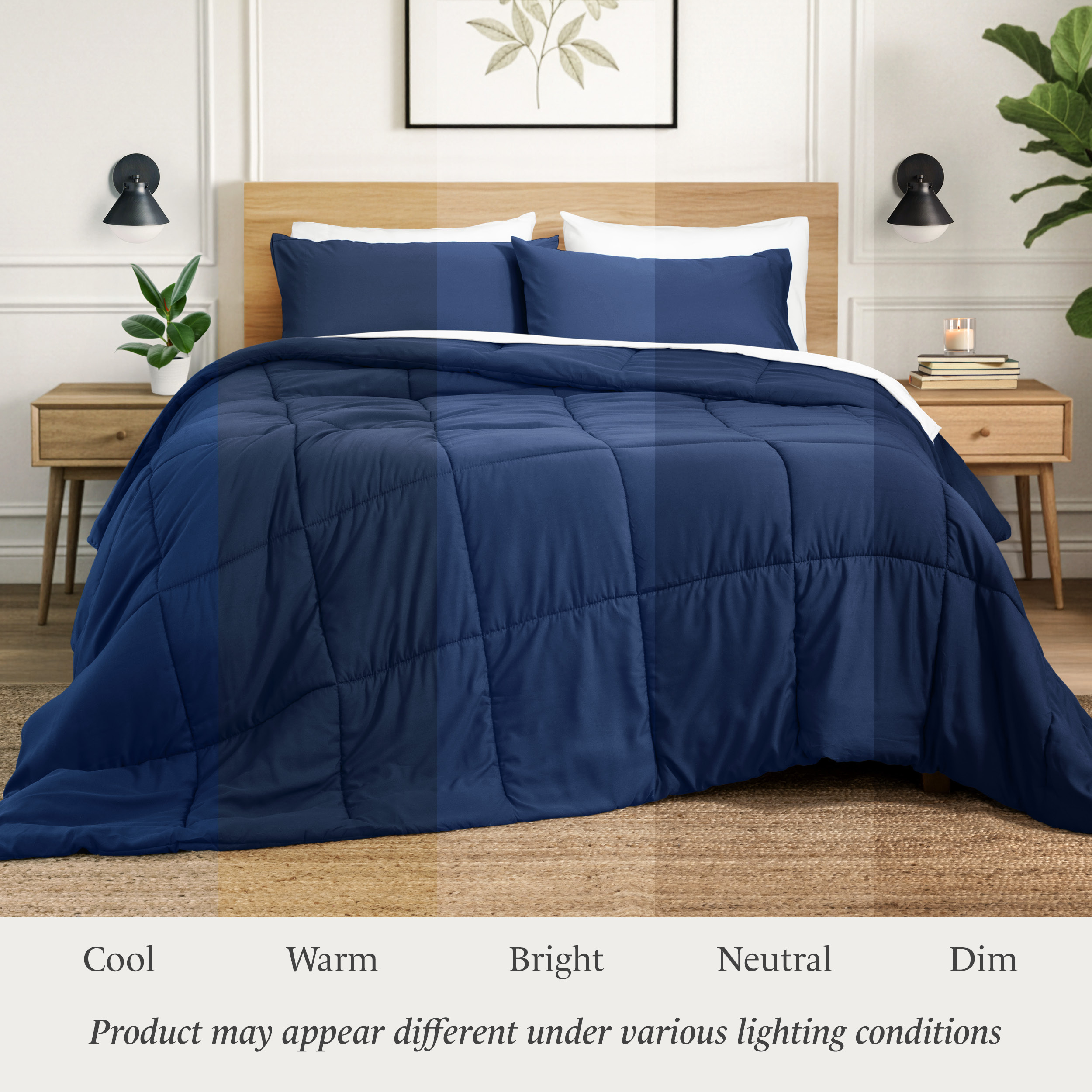 Ivy Union Comforter Set - Box Stitch - Easy Care Ultra-Soft Microfiber - All Season Warmth - Bedding Comforter - King/Cal King, Dark Blue